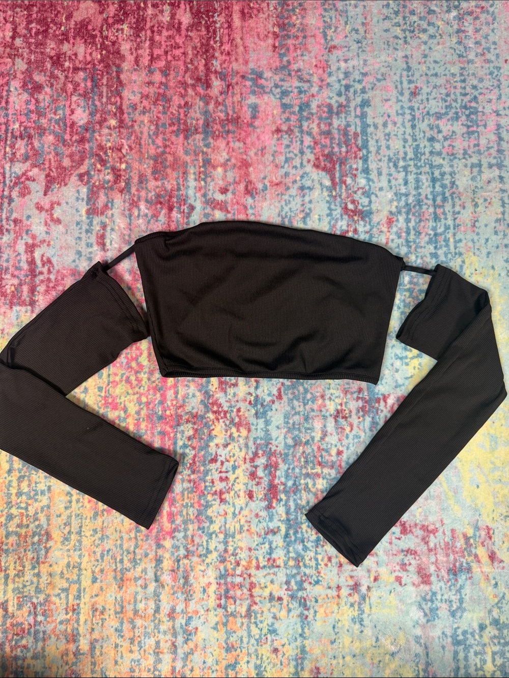 SHEIN Black Off-Shoulder Ribbed Long Sleeve Crop Top